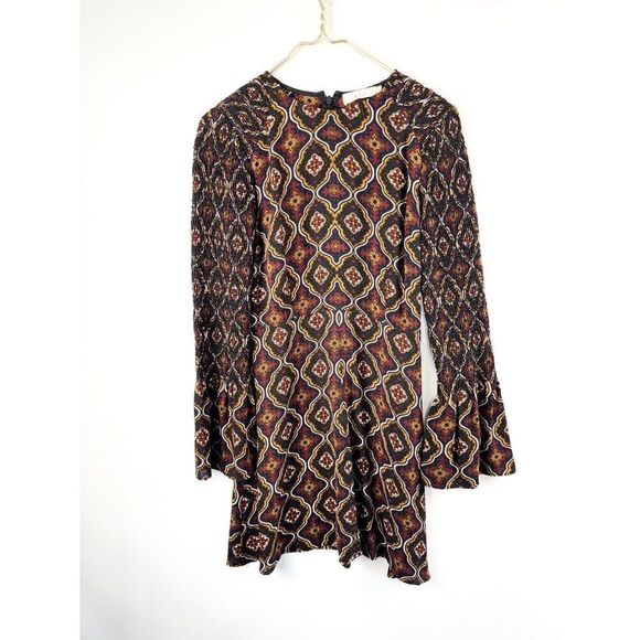 A.L.C. Alexa Smocked Printed 6 Silk Mini Dress Long Bell Sleeve - Picture 3 of 9